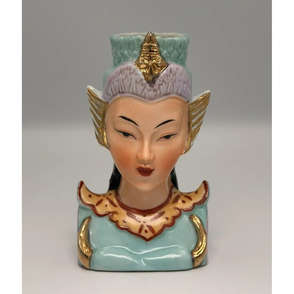 Vintage Asian Lady Head Mini Vase Celadon Jade Gold Japan Mid Century Japan 1950